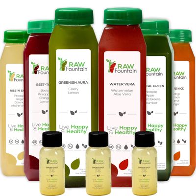 Raw Fountain 1 Day Juice Cleanse, Tropical Flavors, All Natural Raw, Cold Pressed Fruit and Vegetable Juices, Detox Cleanse, 6 Bottles 12oz, 3 Bonus Ginger Shots