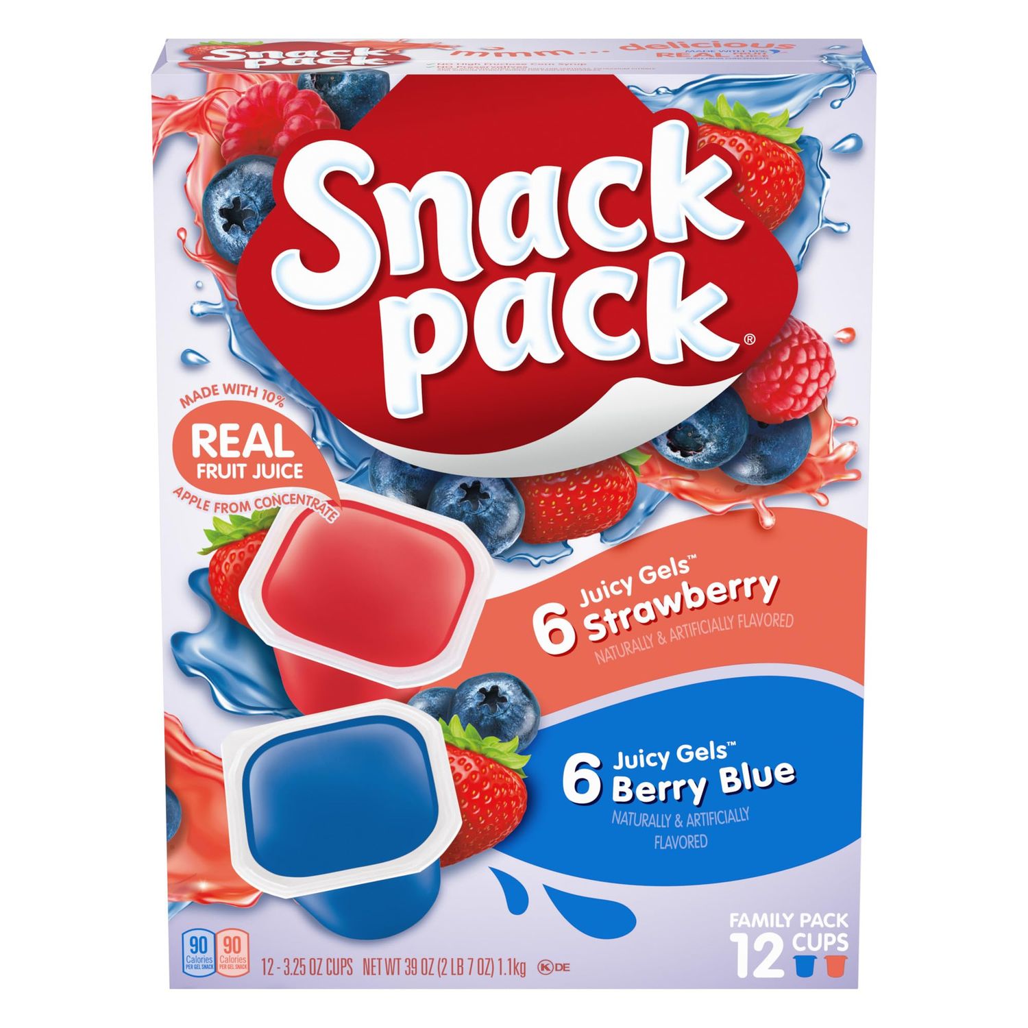 Snack Pack Strawberry &amp; Berry Blue Flavored Juicy Gels, 12 Count Snack Cups