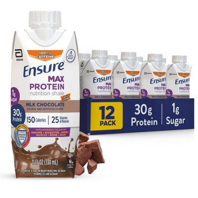 Ensure Max Protein Milk Chocolate with Caffeine Nutrition Shake | 30g Protein, 1g Sugar, 4g Fiber Blend | 12 Pack