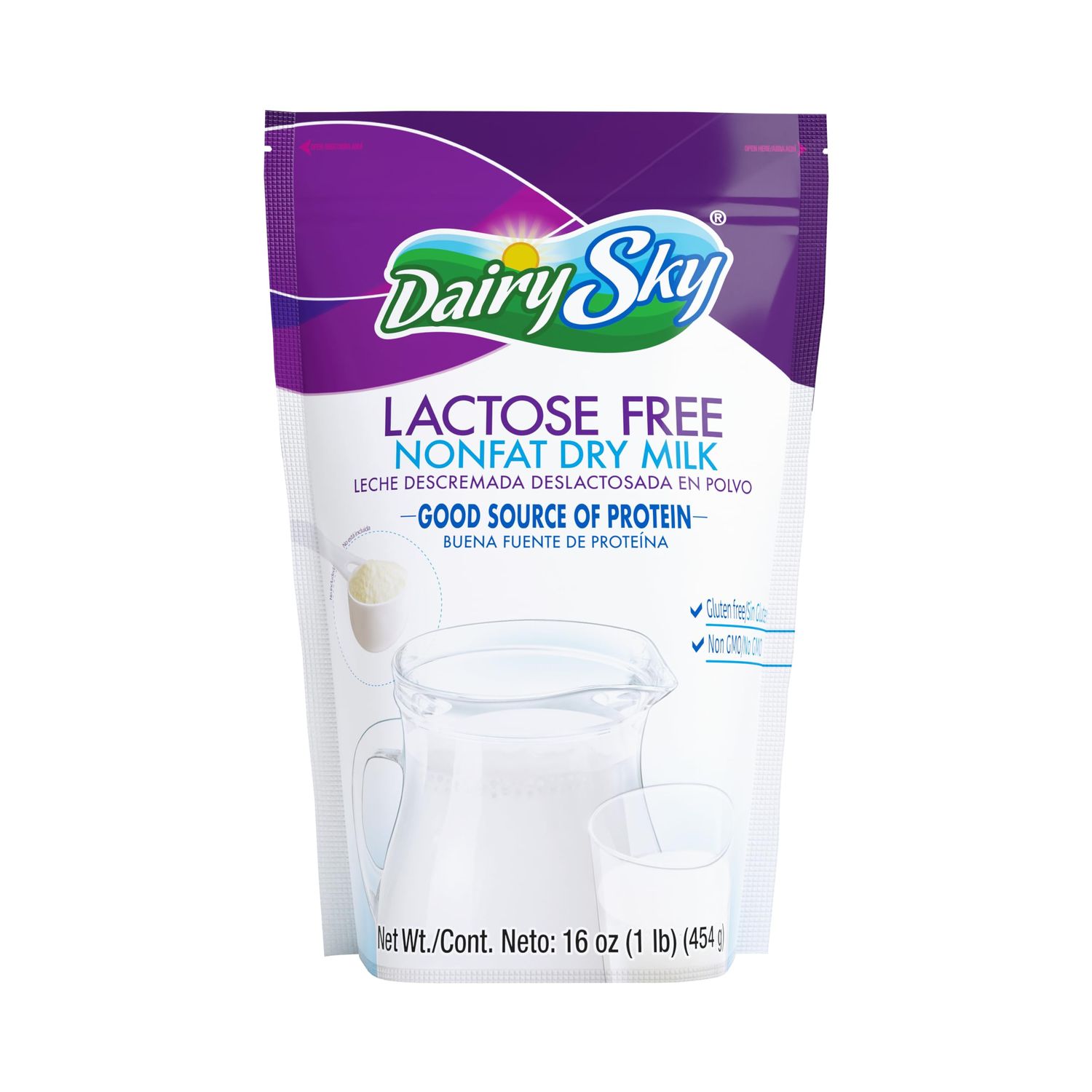 DairySky Lactose Free Milk Powder 16oz - Skim Powdered Milk, Non GMO Fat Free for Baking &amp; Coffee, Kosher with Protein &amp; Calcium | Great Substitute for Liquid Milk | RBST Hormone-Free