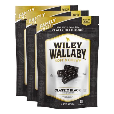 Wiley Wallaby Licorice 24 Ounce Classic Gourmet Soft &amp; Chewy Australian Black Licorice Candy Twists, 3 Pack