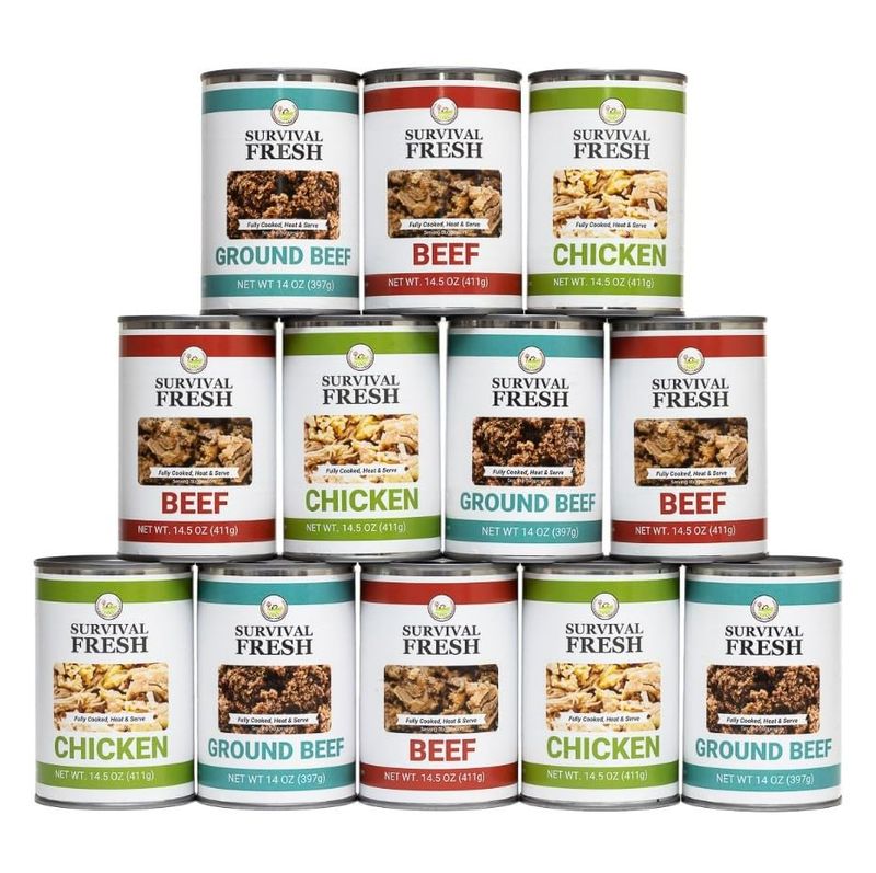 Survival Fresh Mixed Canned Meat - All Natural Canned Meat 4 Beef, 4 Chicken, 4 Ground Beef - Emergency Survival Meal 14.5oz Small Cans for Camping &amp; Hiking - Meats from USA Farms (12 Pack)