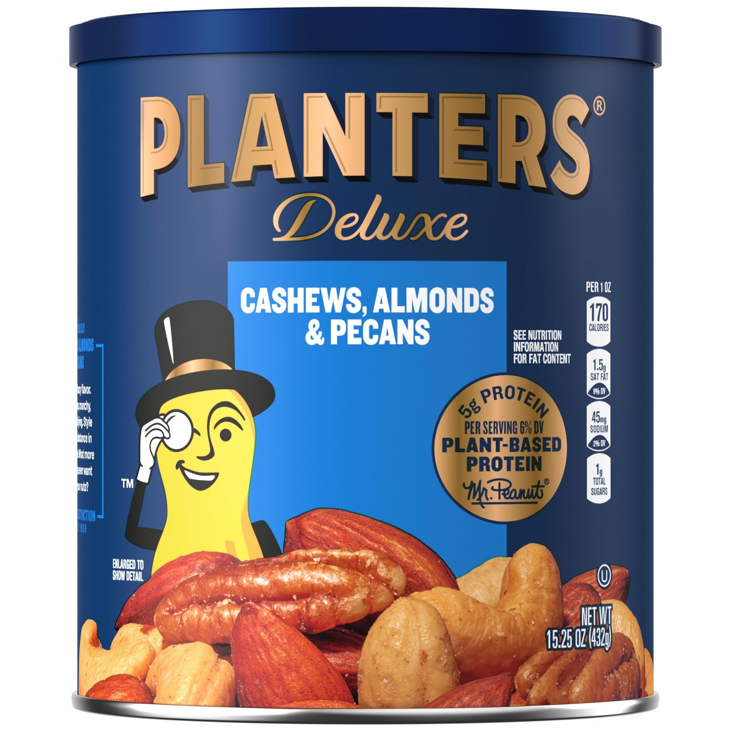 PLANTERS Deluxe Cashews, Almonds &amp; Pecans, Party Snacks, Plant-Based Protein, 15.25 Oz Canister