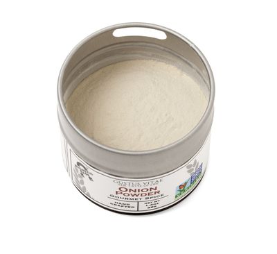 Onion Powder - Non GMO - Hand-Packed In Magnetic Tin - Sustainably Sourced - Grown in USA - All Natural - Not Irradiated - Crafted By Gustus Vitae - 1.4 Oz Net Weight - 4 Oz Tin