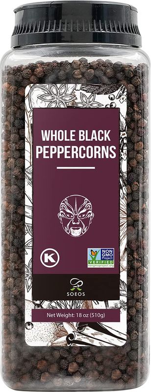 Soeos Black Peppercorns, 18oz (Pack of 1), Non-GMO, Kosher, Packed to Keep Peppers Fresh, Peppercorn for Grinder Refill, Whole Peppercorns