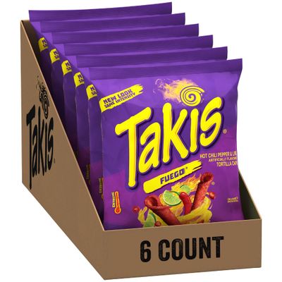 Takis Fuego Rolled Spicy Tortilla Chips, Hot Chili Pepper Lime Flavored Hot Chips, Multipack 6 Individual Bags, 4 Ounces Each (Pack of 6)