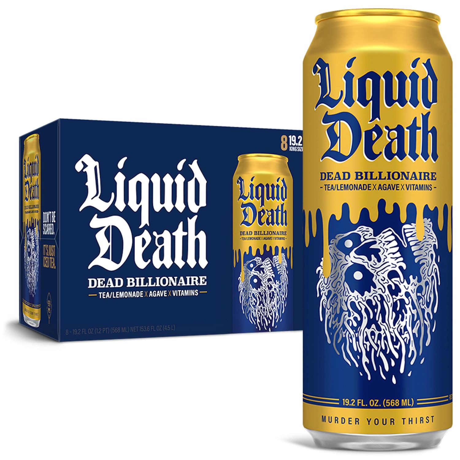 Liquid Death, Dead Billionaire Iced Tea, 8-Pack (King Size 19.2oz Cans), Half Lemonade Half Black Tea Sweetened With Real Agave, B12 &amp; B6 Vitamins, Low Calorie &amp; Low Sugar