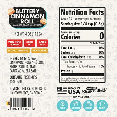 Flavor God Buttery Cinnamon Roll Seasoning Topper Mix, Natural Healthy Blend For Chocolate Donuts, Coffee, Oatmeal, Pancakes, Sandwiches, Fruit, Ice Cream, Low Sodium, Kosher, Gluten &amp; Dairy Free