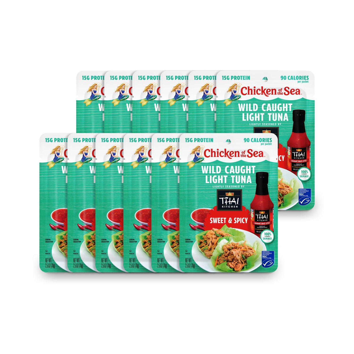 Chicken of the Sea Wild Caught Light Tuna, 2.5 Ounce Packets (Box of 12), Lightly Seasoned Sweet &amp; Spicy