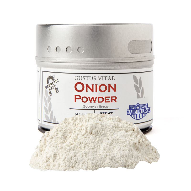 Onion Powder - Non GMO - Hand-Packed In Magnetic Tin - Sustainably Sourced - Grown in USA - All Natural - Not Irradiated - Crafted By Gustus Vitae - 1.4 Oz Net Weight - 4 Oz Tin