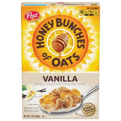 Post Honey Bunches of Oats Vanilla Breakfast Cereal, Vanilla Cereal with Oats and Granola Clusters, 12 OZ Box