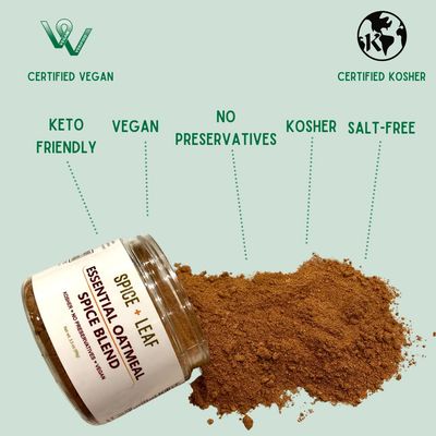 Premium Essential Oatmeal Spice Blend by SPICE + LEAF - Vegan Kosher Preservative Free Spice Blend Used to Give Oatmeal, Coffee, Baked Goods a warmth of flavor, 3.5 oz.