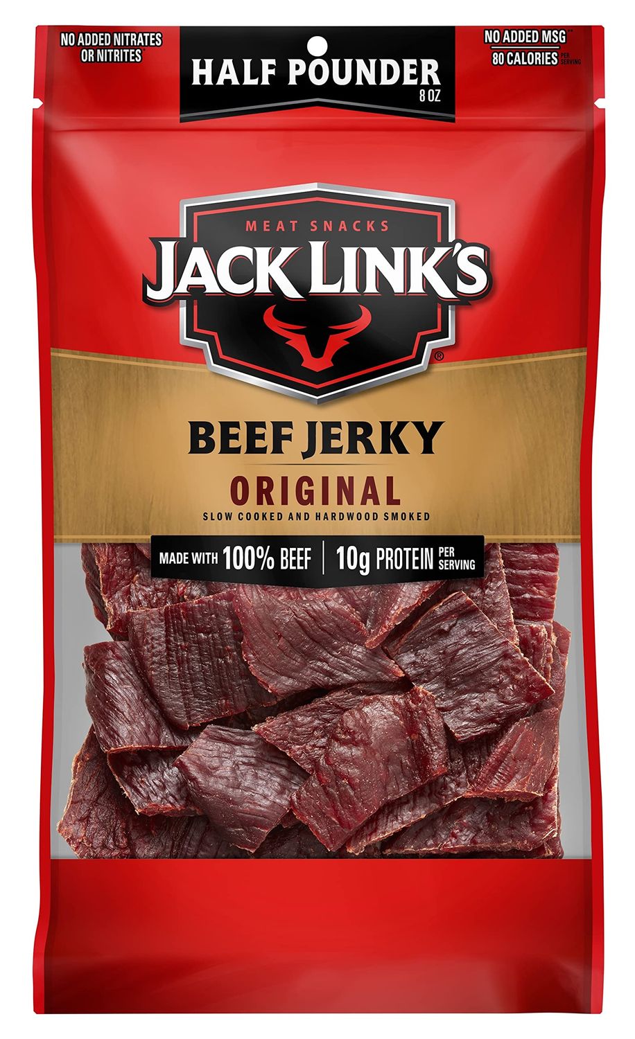 Jack Link&#39;s Beef Jerky, Original, 1/2 Pounder Bag - Flavorful Meat Snack, 10g of Protein and 80 Calories, Made with Premium Beef - 96% Fat Free, No Added MSG** or Nitrates/Nitrites, 8oz