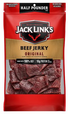 Jack Link&#39;s Beef Jerky, Original, 1/2 Pounder Bag - Flavorful Meat Snack, 10g of Protein and 80 Calories, Made with Premium Beef - 96% Fat Free, No Added MSG** or Nitrates/Nitrites, 8oz