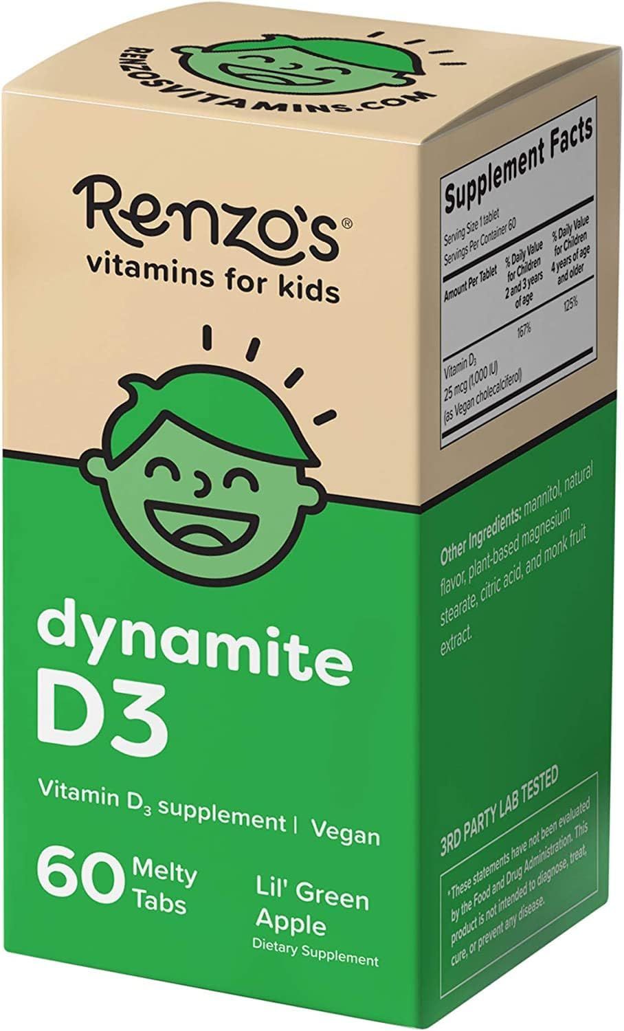 Renzo&#39;s Dynamite Vitamin D3 - Dissolving Kids Vitamin D3-60 Sugar-Free Melty Tabs, Lil Green Apple Flavored