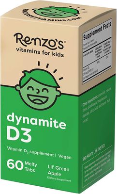 Renzo&#39;s Dynamite Vitamin D3 - Dissolving Kids Vitamin D3-60 Sugar-Free Melty Tabs, Lil Green Apple Flavored