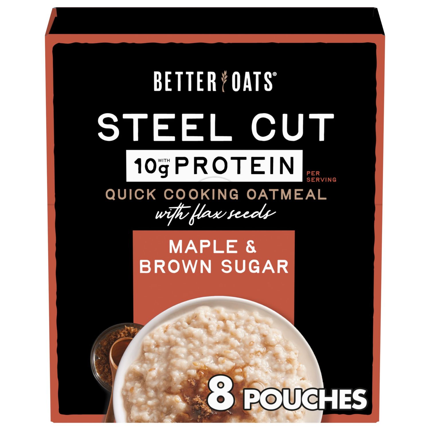 Better Oats Steel Cut Protein Oatmeal Packets, Maple and Brown Sugar Oatmeal with Flax Seeds and Steel Cut Oats, Box of 8 Pouches (Pack of 6)