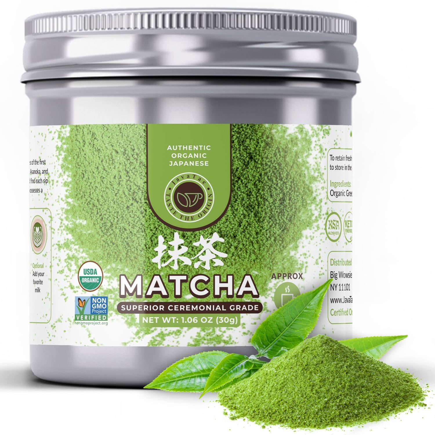 Javatae Organic Matcha Powder | Organic Superior Ceremonial Grade Matcha Green Tea Powder from Shizuoka Japan | Unsweetened Keto Matcha Powder | USDA Certified Organic | 30 servings | 30g (1.06oz) Tin