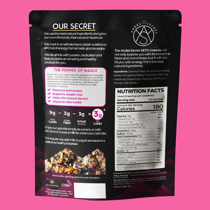 Andes Secret Maqui Low Calorie Granola - 11oz High Protein Cereal, Keto Low Carb Granola for Yogurt - Nut Mix Almonds, Walnuts, Hazelnuts - 3g Net Carbs, No Sugar Added, Grain &amp; Gluten Free