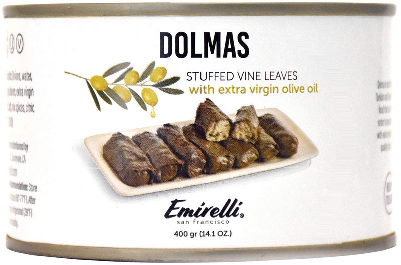 Emirelli Dolmas Stuffed Grape Leaves with Rice, Mediterranean Herbs in Extra Virgin Olive Oil - Super Tasty Ready to Eat Vegan Rolls - Traditional Turkish Recipe - Dolmades Can
