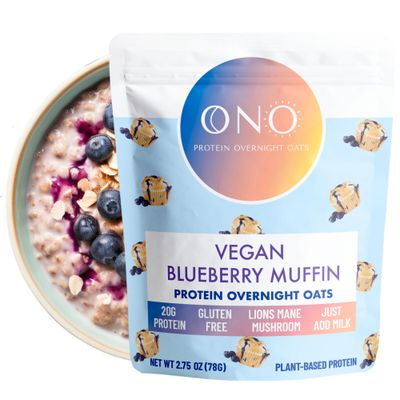 ONO Overnight Oats - Vegan Blueberry Muffin Protein Oatmeal (6 Pack)- 20g Vegan Protein Powder, High Fiber, Low Sugar, Organic Gluten-Free Overnight Oats, Breakfast Meal, Lions Mane Mushroom On The Go