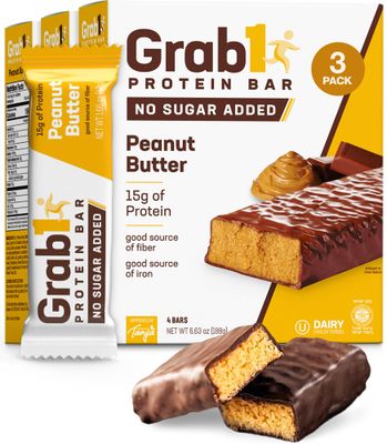 Grab1 Sugar Free Protein Bars, Peanut Butter (3 Pack- 12 Bars) | 7g Fiber | Delicious and Nutritious | Low Calorie | Zero Sugar