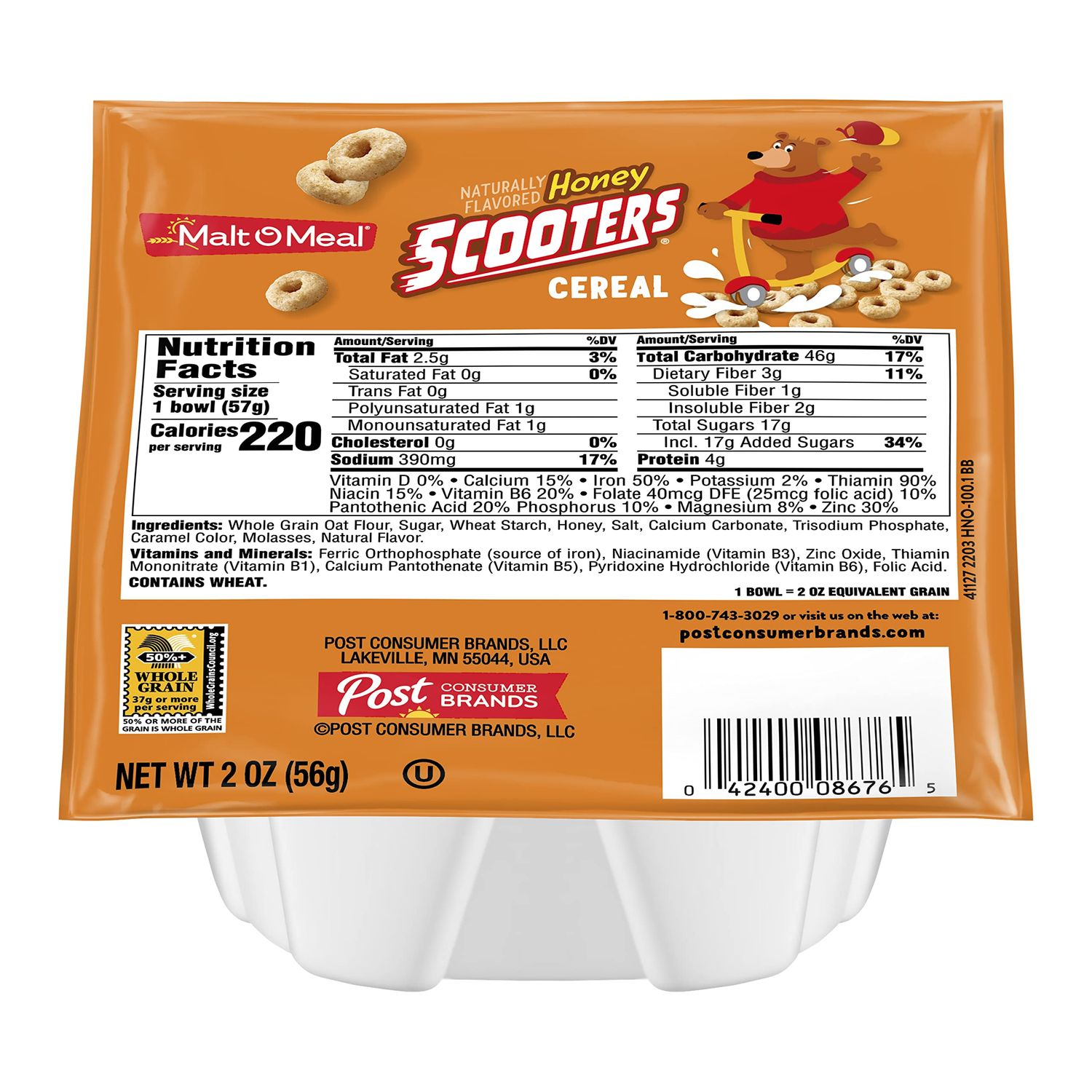 Malt-O-Meal Honey Nut Scooters Breakfast Cereal, Whole Grain, 2 Ounce Single Serve Bowls (Pack of 48)