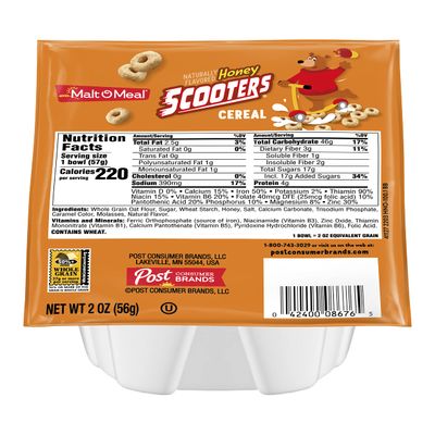 Malt-O-Meal Honey Nut Scooters Breakfast Cereal, Whole Grain, 2 Ounce Single Serve Bowls (Pack of 48)