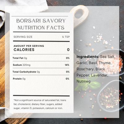 Borsari Savory Seasoned Salt Blend - Gourmet Sea Salt With Fresh Herbs and Spices - Gluten Free All Natural Keto Friendly All Purpose Seasoning With Thyme and Lavender - 4 oz Shaker Bottle
