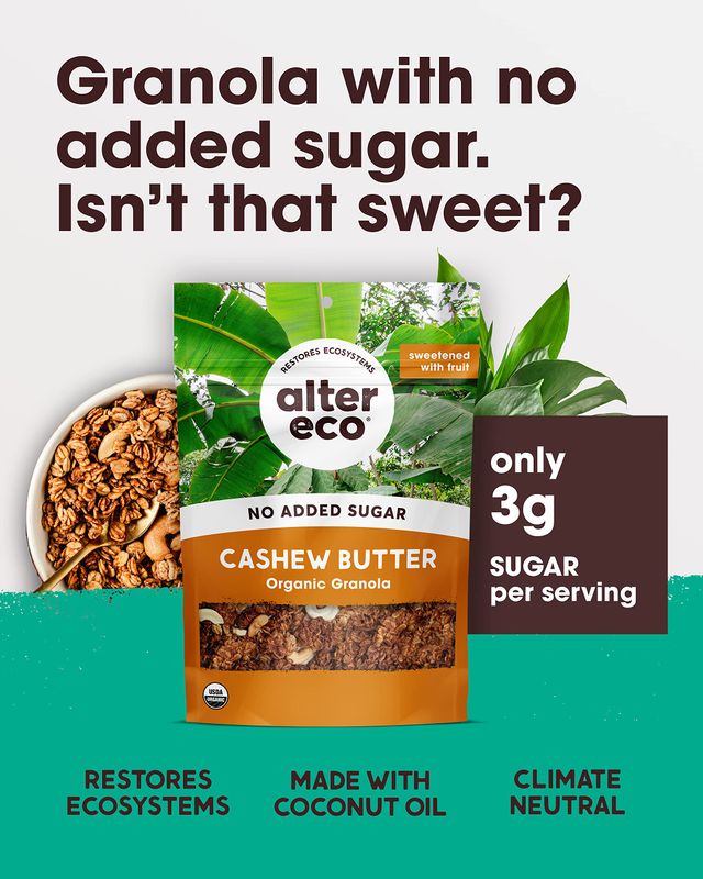 Alter Eco Cashew Butter Granola, Healthy, Organic Breakfast &amp; Snack, Naturally Sweetened with Fruit, Vegan, No Artificial Sugars or Additives, Regeneratively-Farmed Oats (Cashew Butter - 1 Pack)