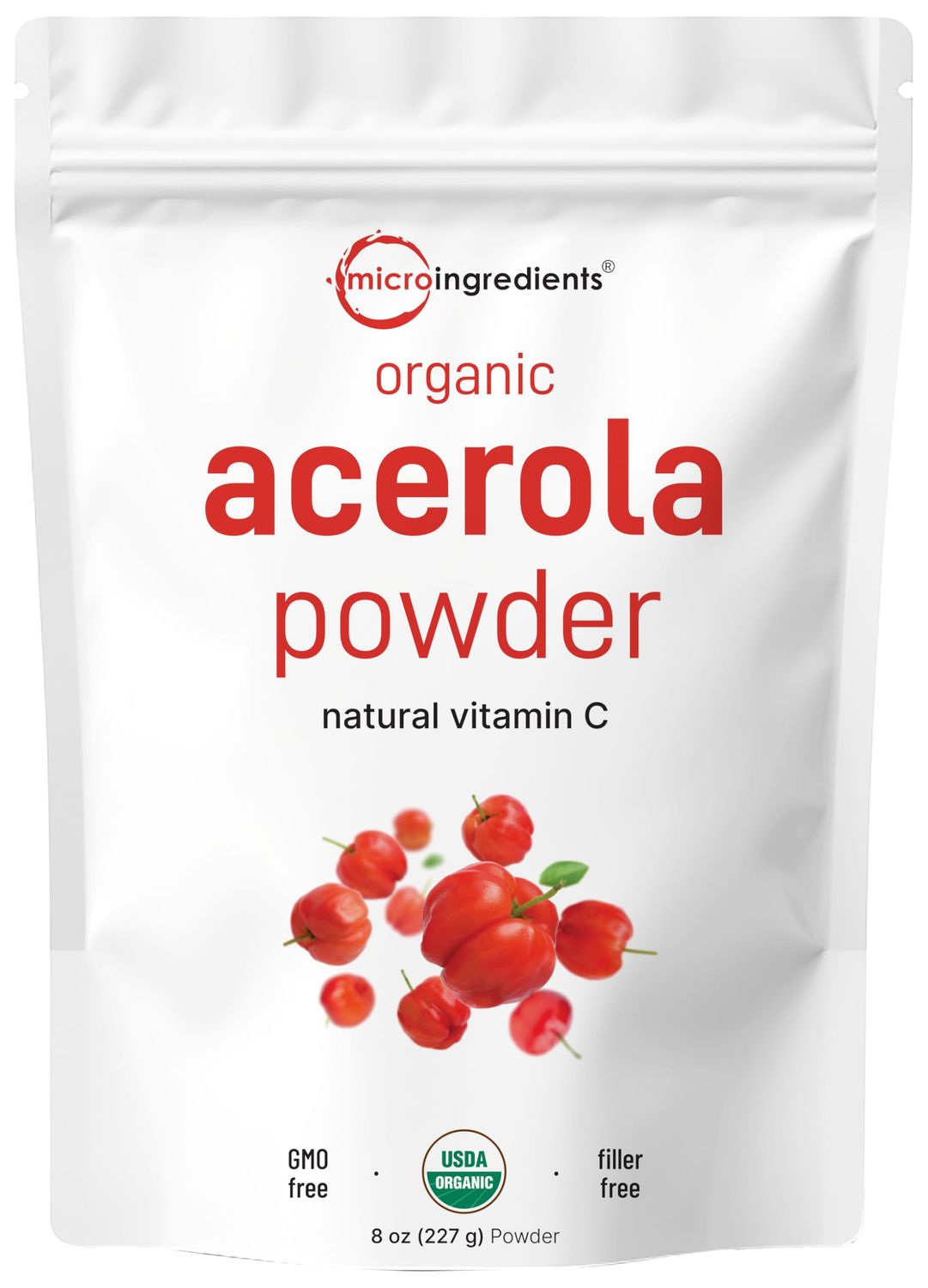 Organic Acerola Powder, 8oz | Natural Organic Vitamin C Superfood | No Sugar &amp; Additives | Great Flavor for Drinks, Smoothie, &amp; Beverages | Non-GMO &amp; Vegan Friendly, Brazil Origin