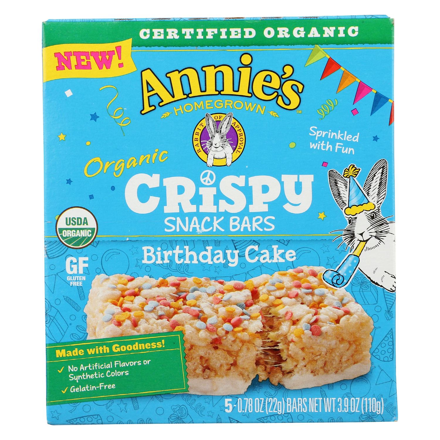 Annie&#39;s Homegrown Organic Birthday Cake Crispy Bars, Gelatin Free, 3.9 Ounces (Pack Of 8)