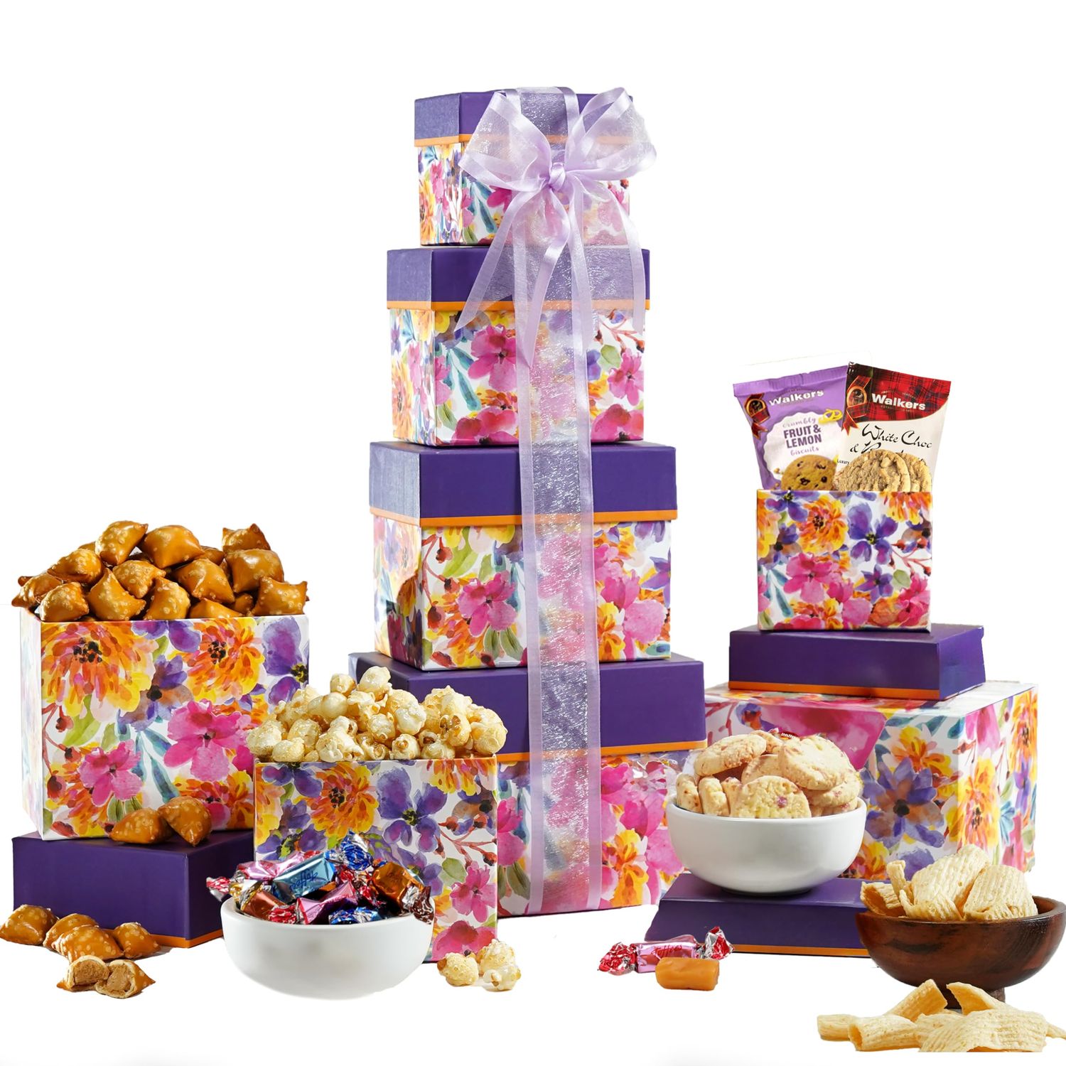 Broadway Basketeers 4 Box Chocolate Food Gift Basket Tower Snack Gifts for Women, Men, Families, College - Delivery for Birthday, Appreciation, Thank You, Get Well Soon Care Package