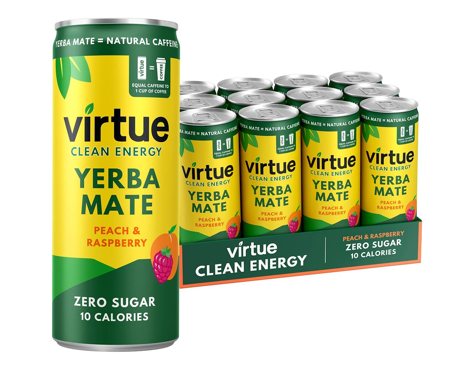 Virtue Yerba Mate, Peach &amp; Raspberry - Natural Energy Drink - Sugar Free, Zero Calories, 8.4 oz (Pack of 12)