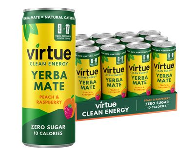 Virtue Yerba Mate, Peach &amp; Raspberry - Natural Energy Drink - Sugar Free, Zero Calories, 8.4 oz (Pack of 12)