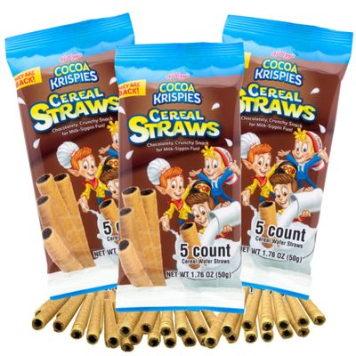 Chocolate Krispies Cereal Straws, Edible Straw Alternatives for Milk, Nostalgic Childhood Breakfast Treat, Pack of 3, 5 Count Each