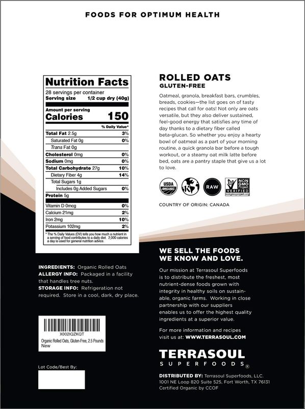 Terrasoul Superfoods Organic Rolled Oats, 2.5 lbs - Gluten-Free | Old-Fashioned | Whole Grain