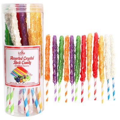 Fusion Select Crystal Rock Candy Sticks - Sweet Hard Sugar Lollipop Snacks with Strong Flavors - 12 Assorted Extra Large, Individually Wrapped Candies - Colored Buffet Treats &amp; Party Favors for Kids