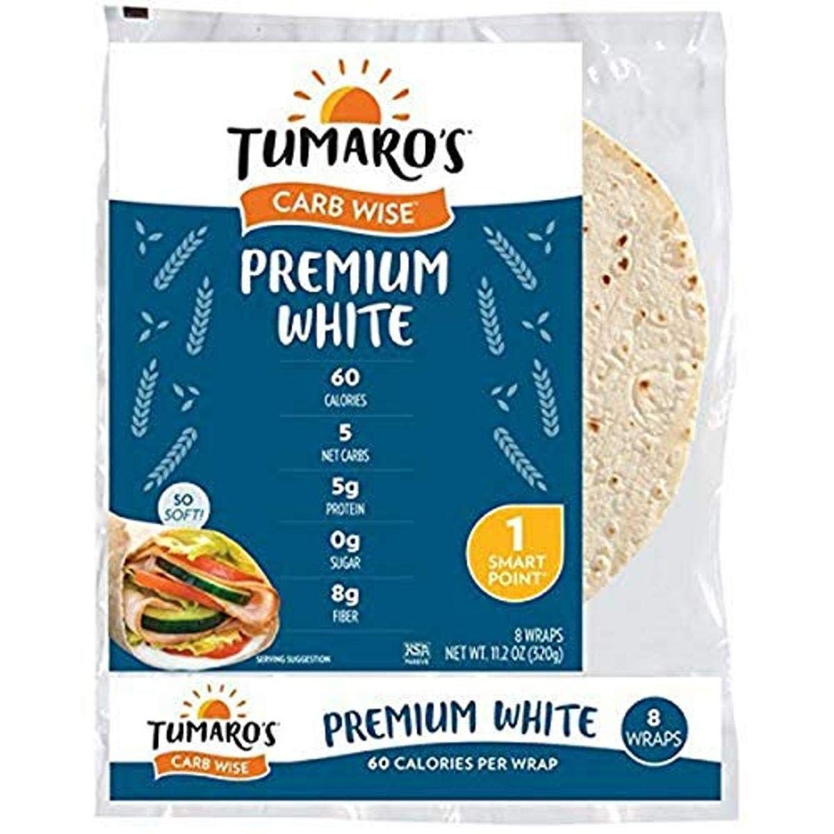 TUMAROS Tumaro&#39;s Carb Wise Premium White, 60 Calorie, 5 Net Carbs, 5g Protein, 0g Sugar, 8g Fiber,, 8Count (Pack Of 6)