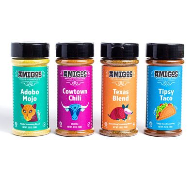 Amigos Spice Company Premium Seasoning Blends | Tipsy Taco |Adobo Mojo | Cowtown Chili | Texas Blend | Premium Chiles and Spices | Seasoning Blends for all ocassions | 4-pack Jar