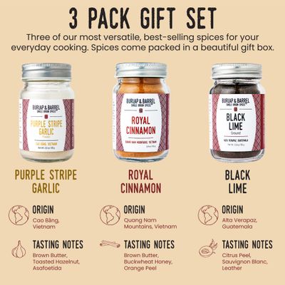 Burlap & Barrel 3-Pack Spice Gift Set - As Seen On Shark Tank! - 3 Spices Selected for the Curious Cook - Seasonings for Cooking - Gift for Mom - Includes Cinnamon, Garlic & Lime - 3 Full Size Jars