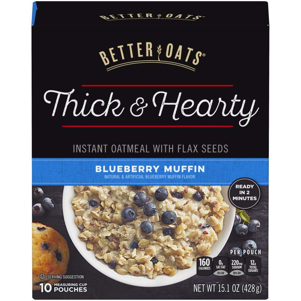 Post Better Oats Thick &amp; Hearty Whole Grain Instant Oatmeal with Flax Seeds, Blueberry Muffin flavor, 15.1 Ounce Box, Pack of 6