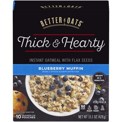 Post Better Oats Thick &amp; Hearty Whole Grain Instant Oatmeal with Flax Seeds, Blueberry Muffin flavor, 15.1 Ounce Box, Pack of 6