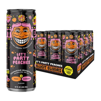 Illicit Elixirs - Sparkling Juice Mocktails with Real Fruit Juices and Functional Amino Acid Blend that Supports Dopamine Production - Non-Alcoholic &amp; Caffeine Free (12 Pack, Let&#39;s Party Peaches)