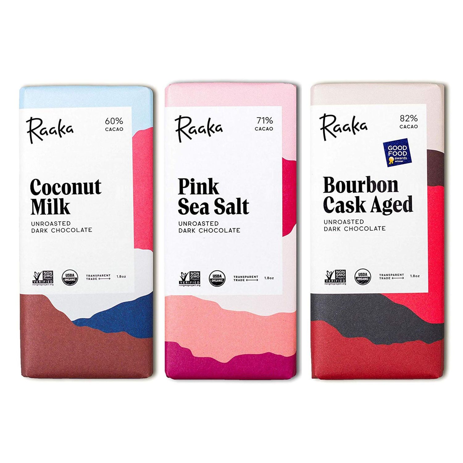 Raaka Chocolate Best Sellers Trio | Gourmet Dark Chocolate Gift | Organic, Vegan, Fair Trade, Soy Free, Non-GMO, Gluten Free, Kosher | 1.8oz Bars, 3-Pack