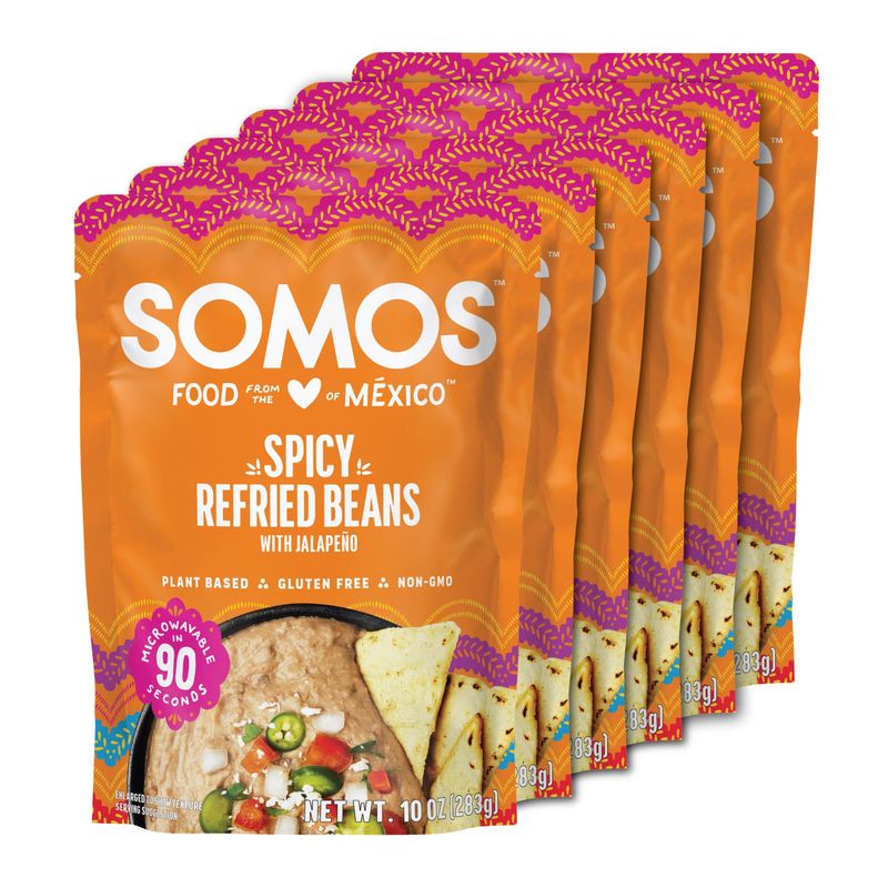 SOMOS Spicy Refried Beans - Gluten Free, Non-GMO, Vegan &amp; Microwavable Meals Ready to Eat - Delicious, Healthy &amp; Convenient - Perfect for Tacos, Tostadas &amp; More | 10 oz (Pack of 6)