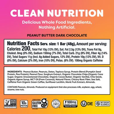 Quantum Energy Square: Energy Bar with Caffeine &amp; 10g Protein. Delicious Healthy Snack On The Go. (Vegan, Gluten-free, Soy-free, Dairy-free). Flavor: Peanut Butter Dark Chocolate 8Pk
