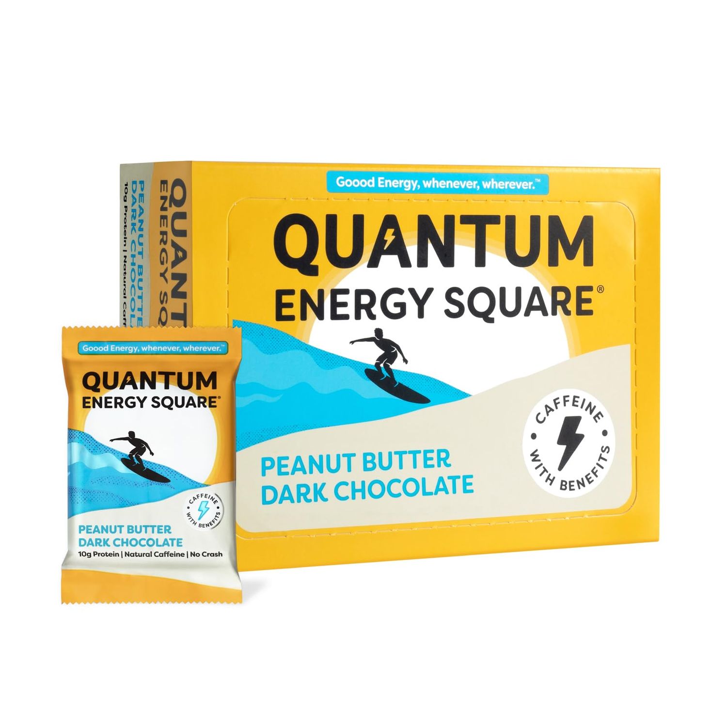 Quantum Energy Square: Energy Bar with Caffeine &amp; 10g Protein. Delicious Healthy Snack On The Go. (Vegan, Gluten-free, Soy-free, Dairy-free). Flavor: Peanut Butter Dark Chocolate 8Pk