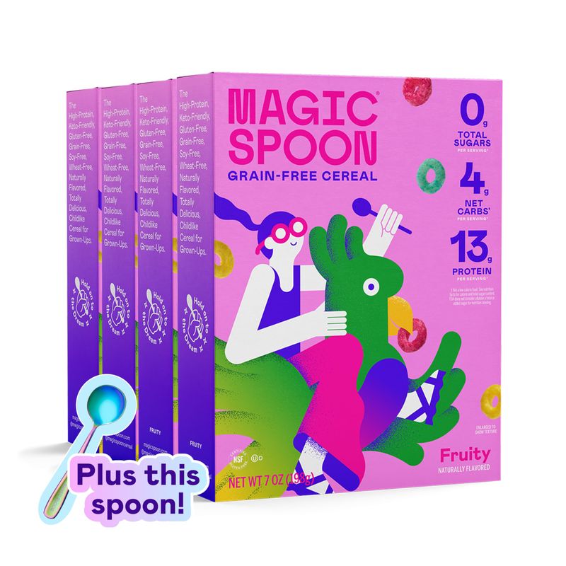 Magic Spoon Cereal - Fruity 4-Pack of Cereal and Spoon - Keto &amp; Low Carb Lifestyles, Gluten &amp; Grain Free, High Protein, 0g Sugar