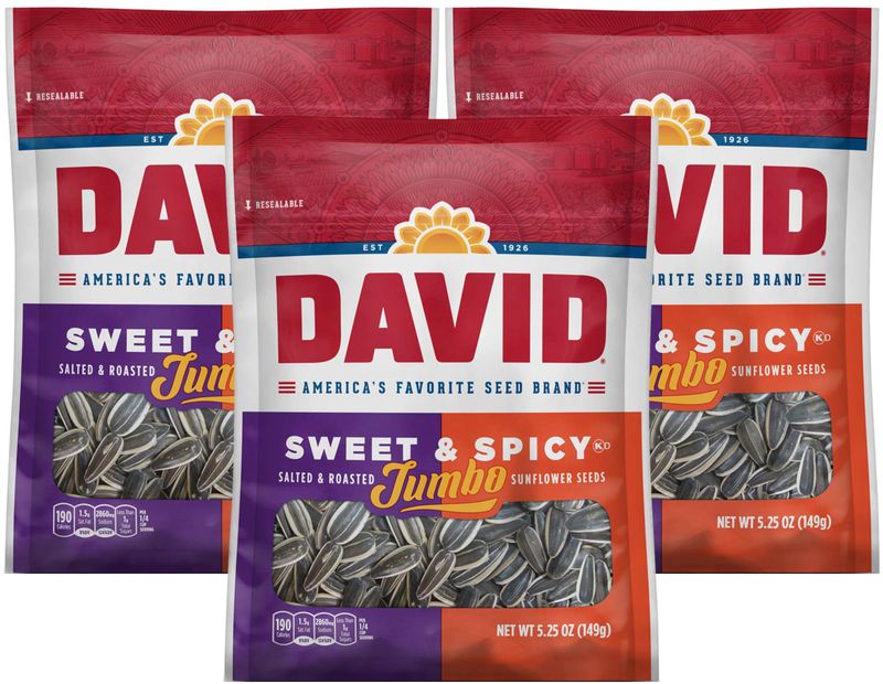 DAVID Roasted and Salted Sweet and Spicy Jumbo Sunflower Seeds, 5.25 Ounces (3-Pack)